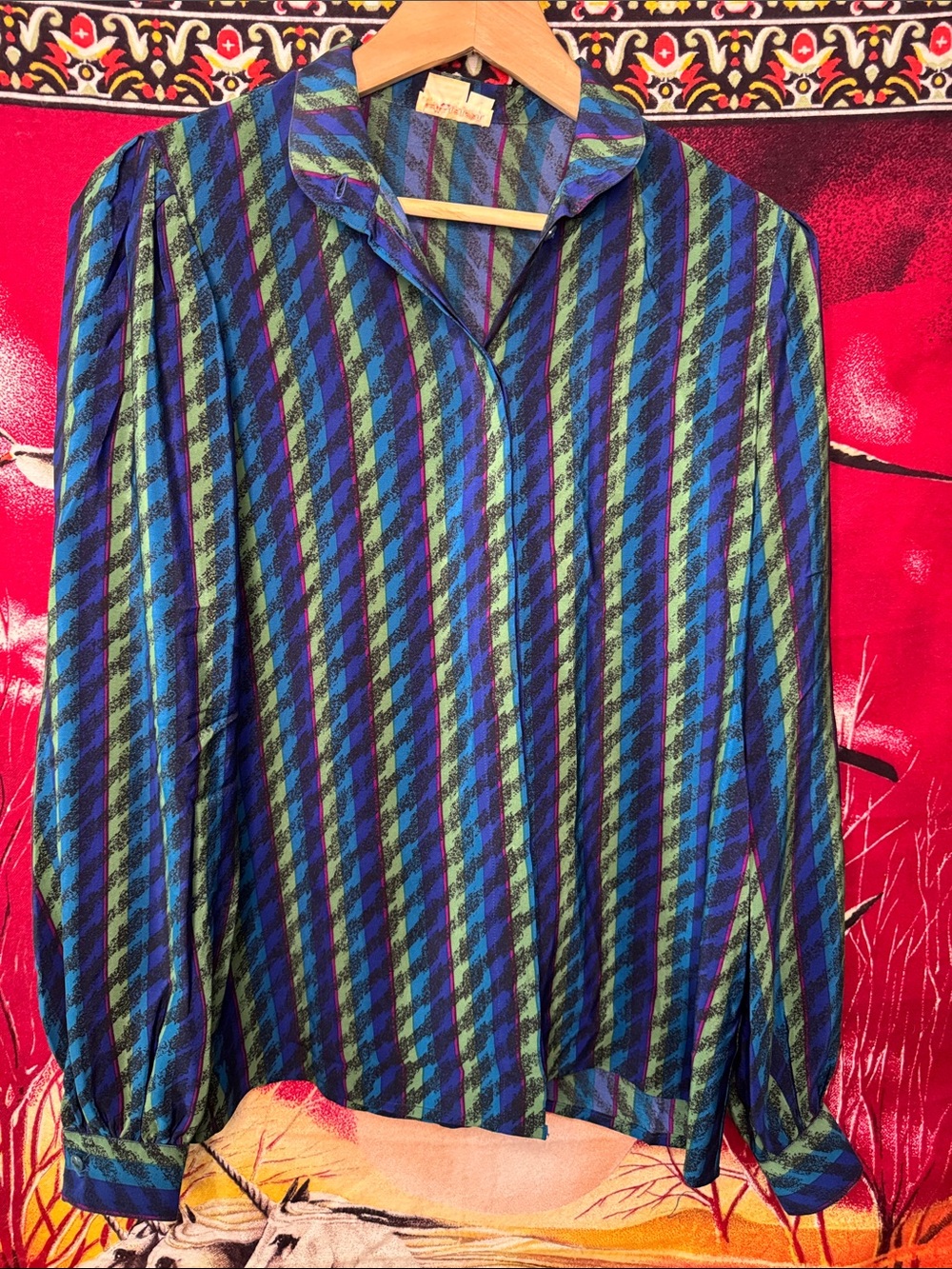 Vintage Betty Hanson Silk Blouse Blue Green Purple Striped Houndstooth
